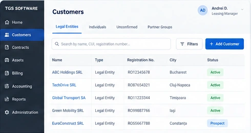 Redesigned fictional interface: Customer and partner records